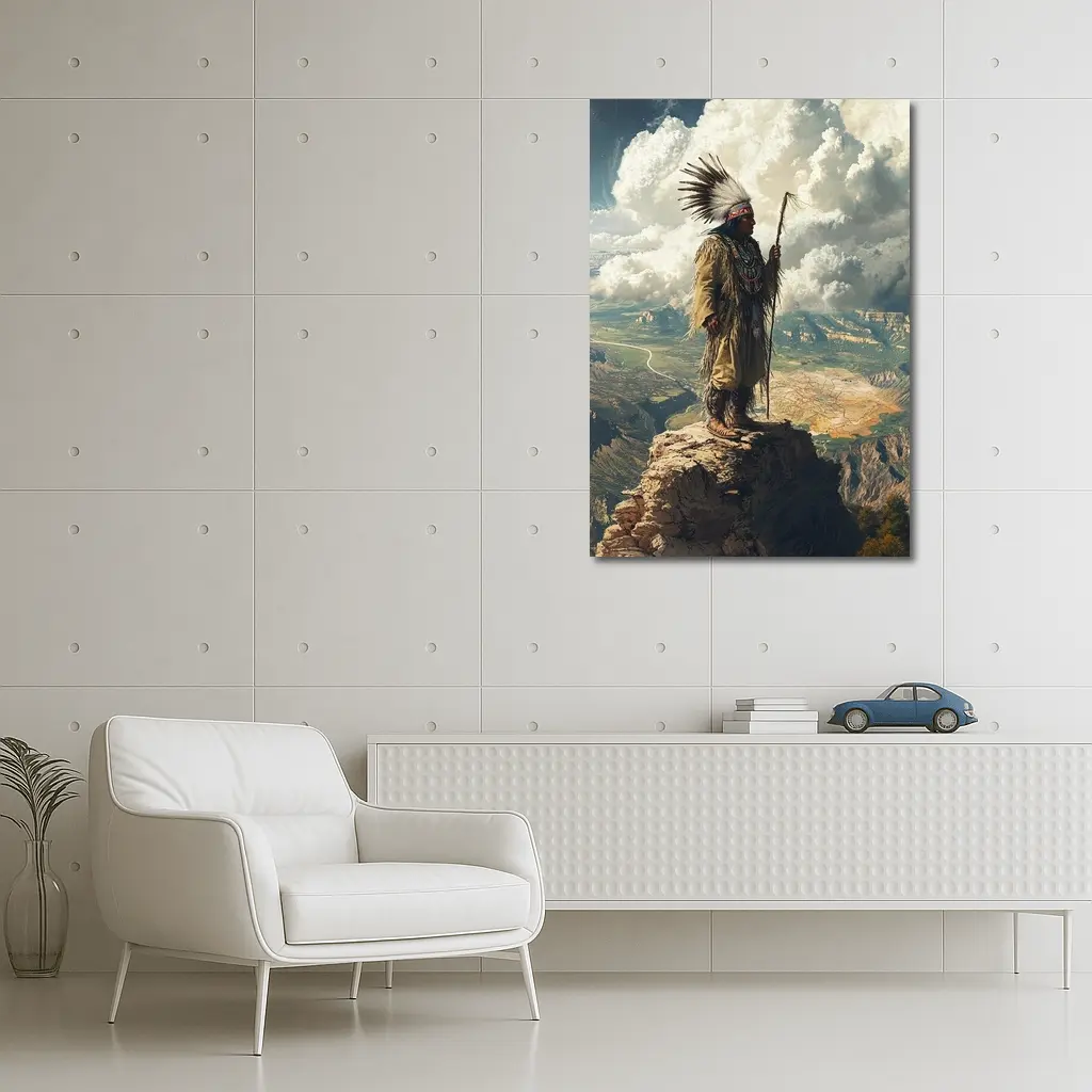 Native American Chief Standing On Rocky Cliff – Wall Art