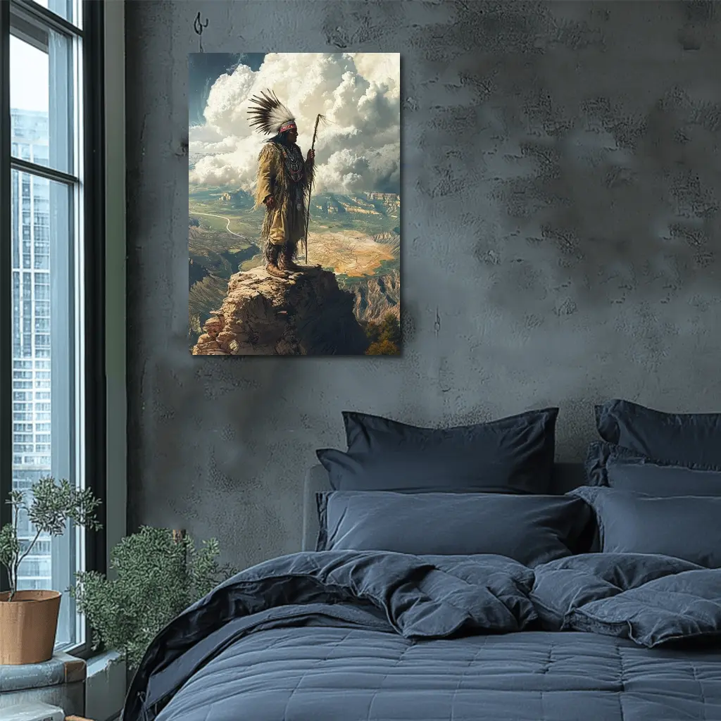 Native American Chief Standing On Rocky Cliff – Wall Art