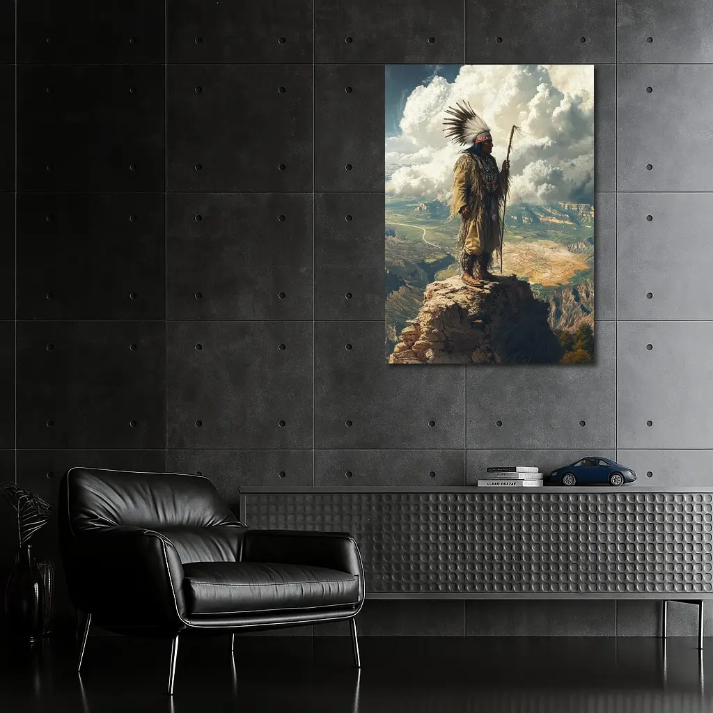 Native American Chief Standing On Rocky Cliff – Wall Art