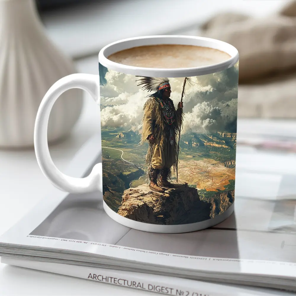 Native American Chief Standing On Rocky Cliff – Mugs