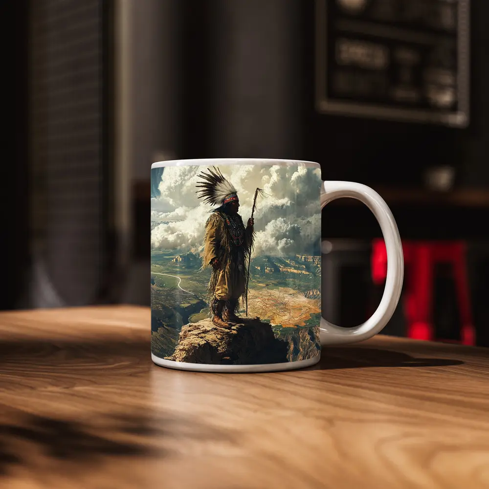 Native American Chief Standing On Rocky Cliff – Mugs