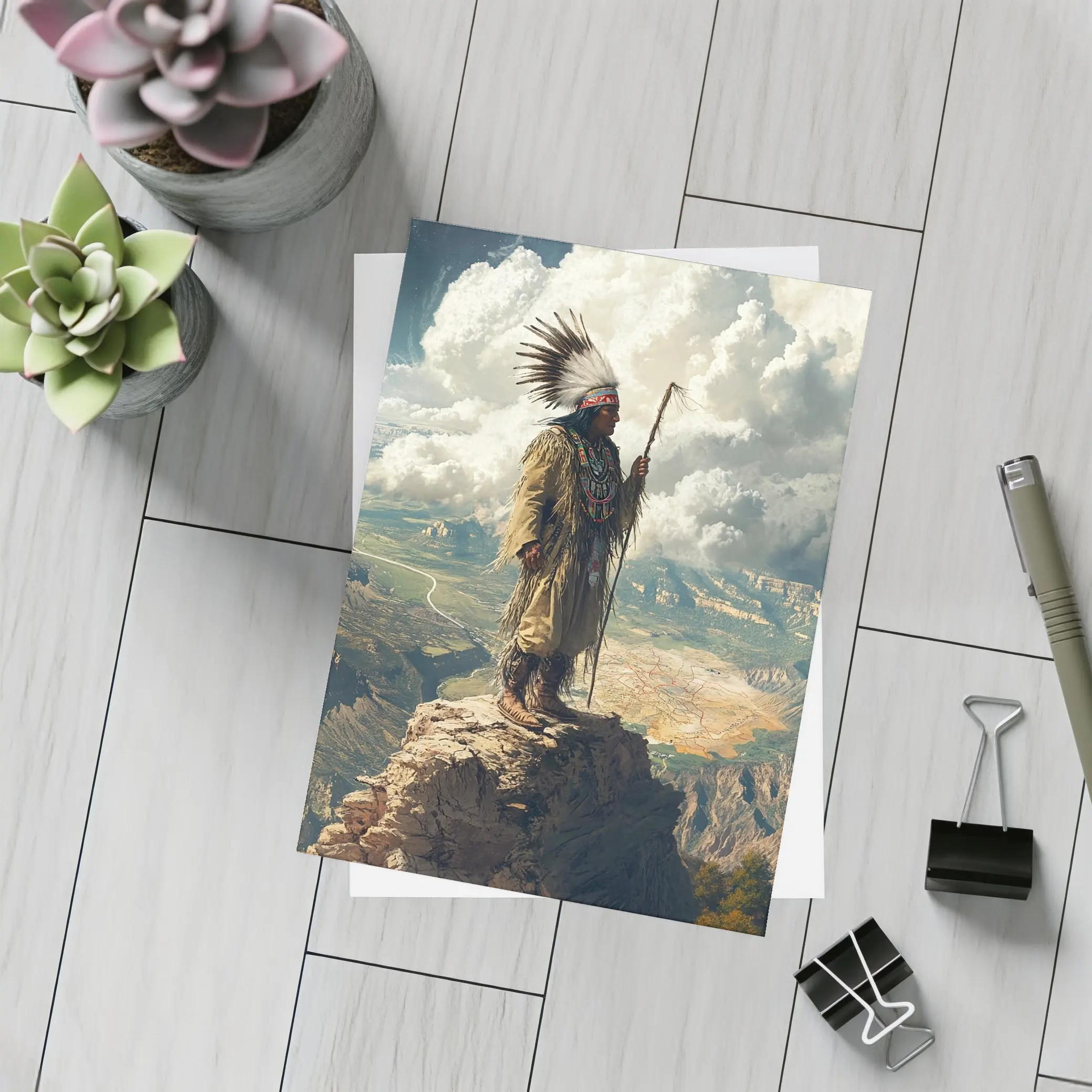 Native American Chief Standing On Rocky Cliff – Postcards