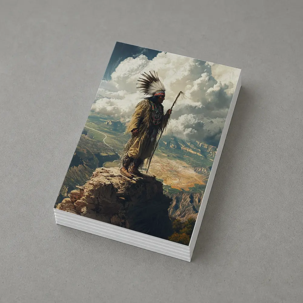 Native American Chief Standing On Rocky Cliff – Postcards