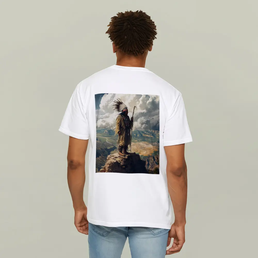 Native American Chief Standing On Rocky Cliff – T-Shirts