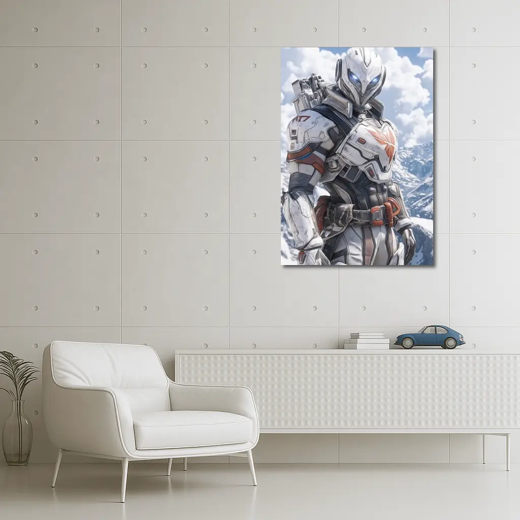 Futuristic Armored Warrior Snowy Mountain Background – Wall Art