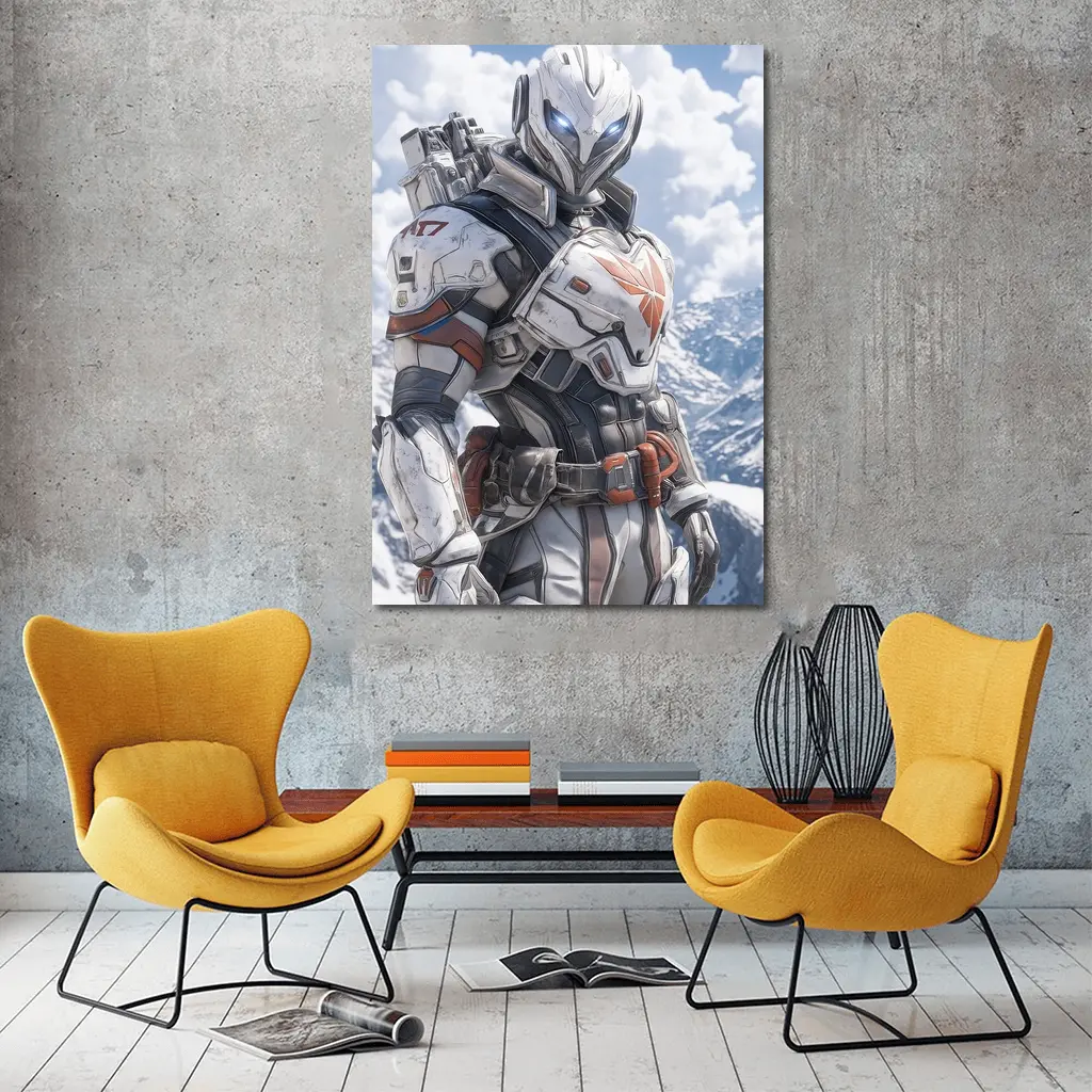 Futuristic Armored Warrior Snowy Mountain Background – Wall Art