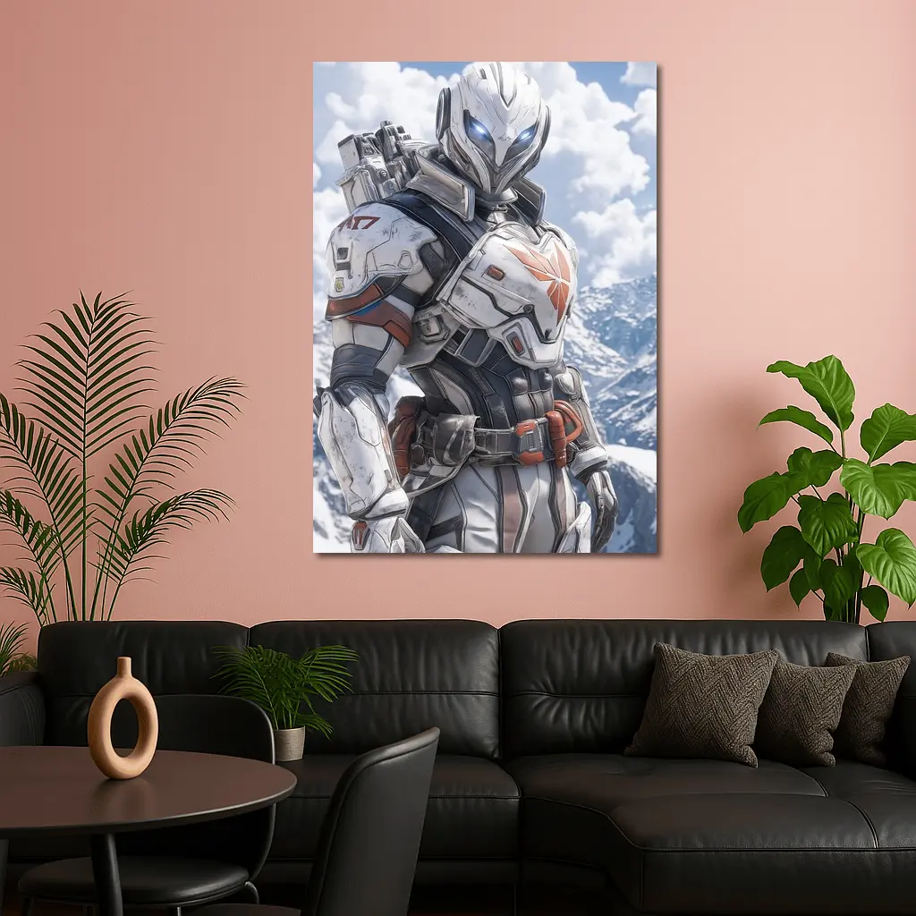 Futuristic Armored Warrior Snowy Mountain Background – Wall Art