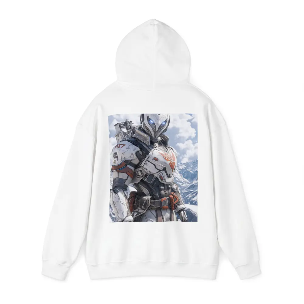 Futuristic Armored Warrior Snowy Mountain Background – Hoodies