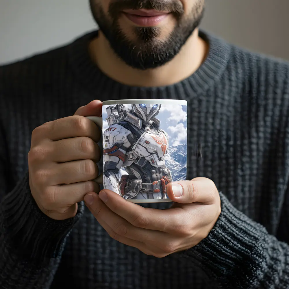 Futuristic Armored Warrior Snowy Mountain Background – Mugs