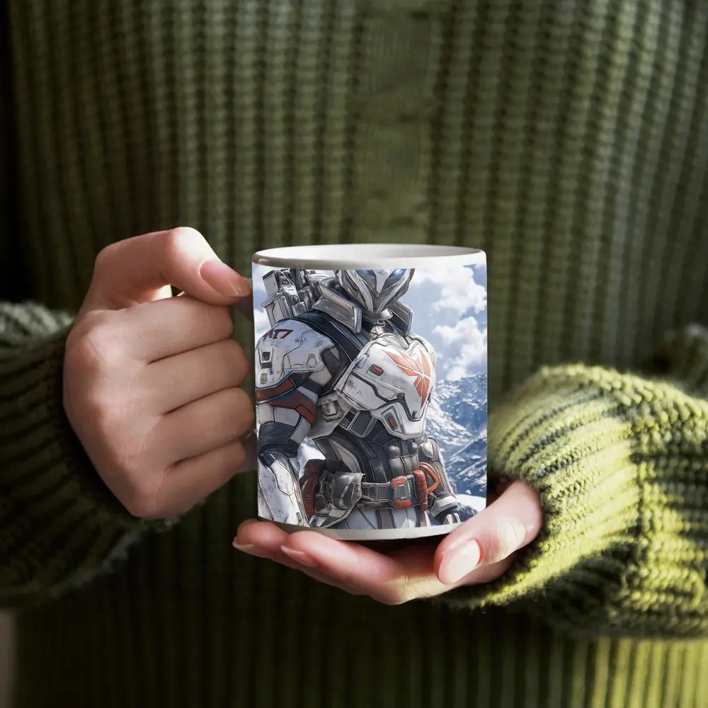 Futuristic Armored Warrior Snowy Mountain Background – Mugs
