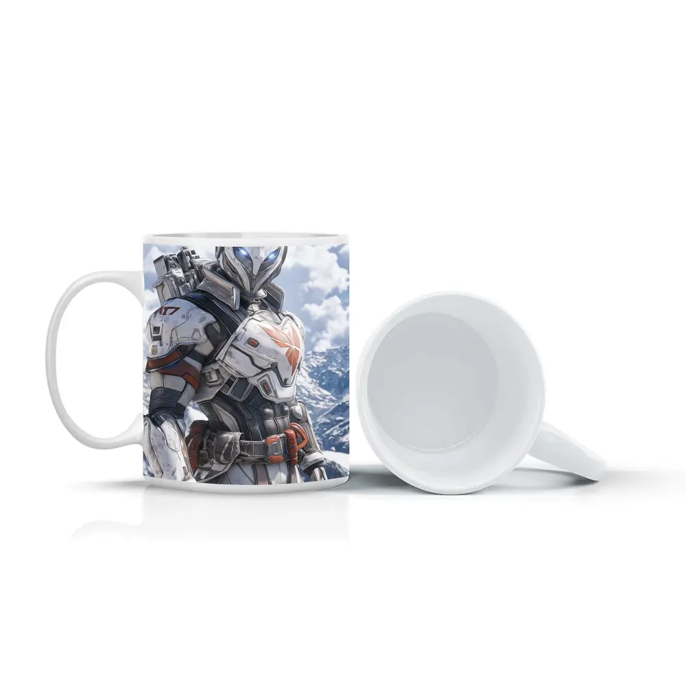 Futuristic Armored Warrior Snowy Mountain Background – Mugs