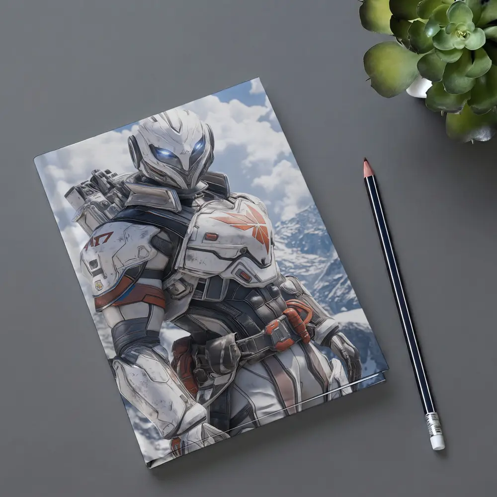Futuristic Armored Warrior Snowy Mountain Background – Notebooks