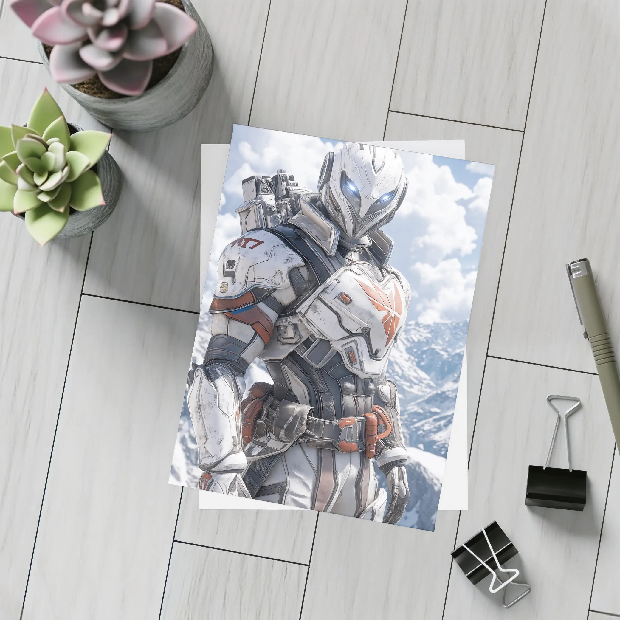 Futuristic Armored Warrior Snowy Mountain Background – Postcards