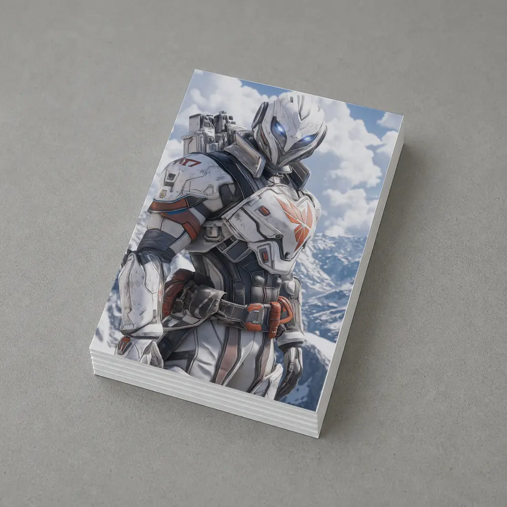 Futuristic Armored Warrior Snowy Mountain Background – Postcards