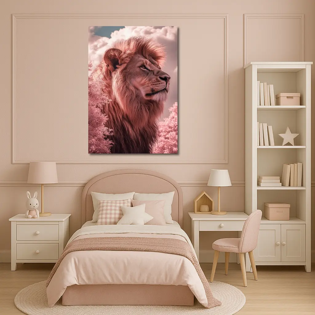 Pink Lion Portrait Dreamy Cloud Sky – Wall Art