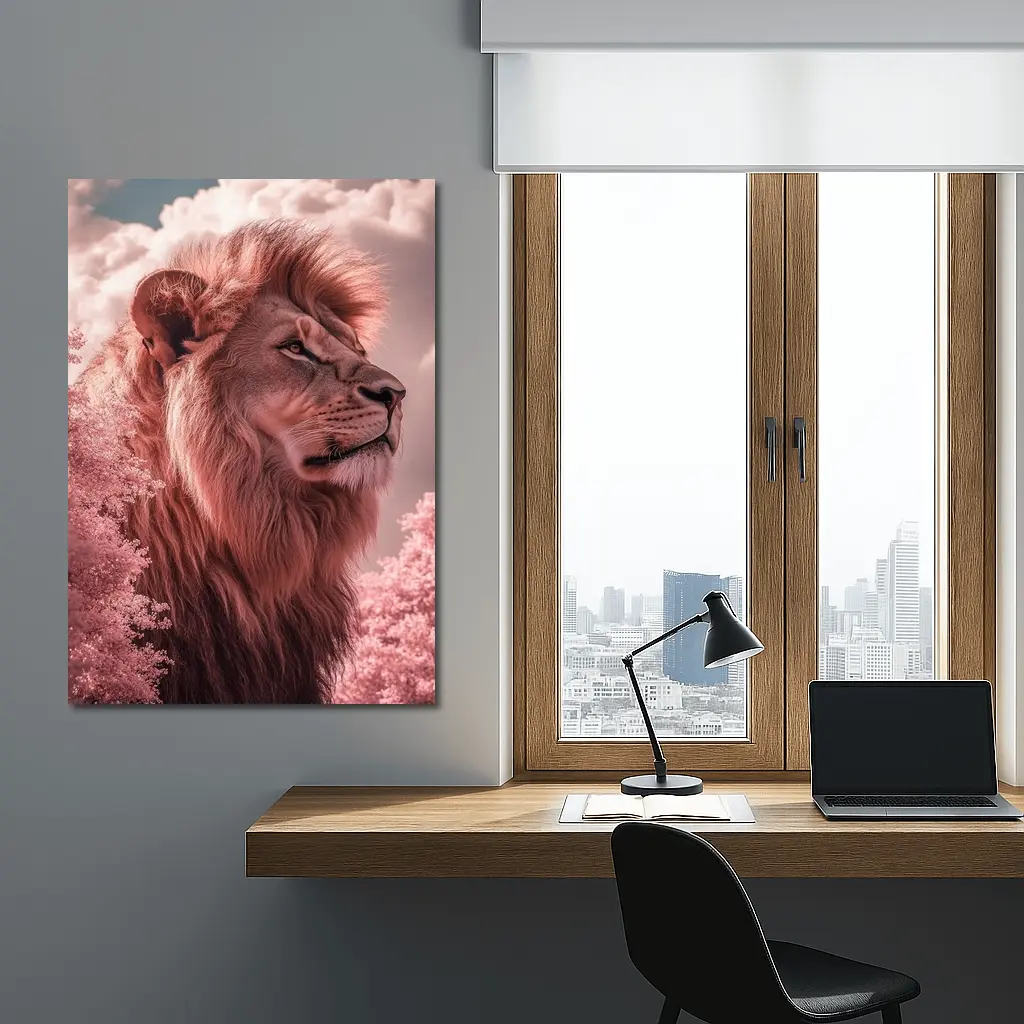 Pink Lion Portrait Dreamy Cloud Sky – Wall Art