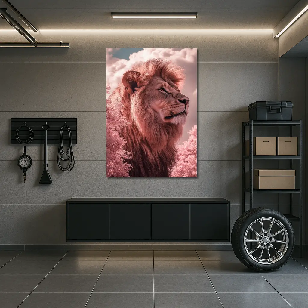 Pink Lion Portrait Dreamy Cloud Sky – Wall Art