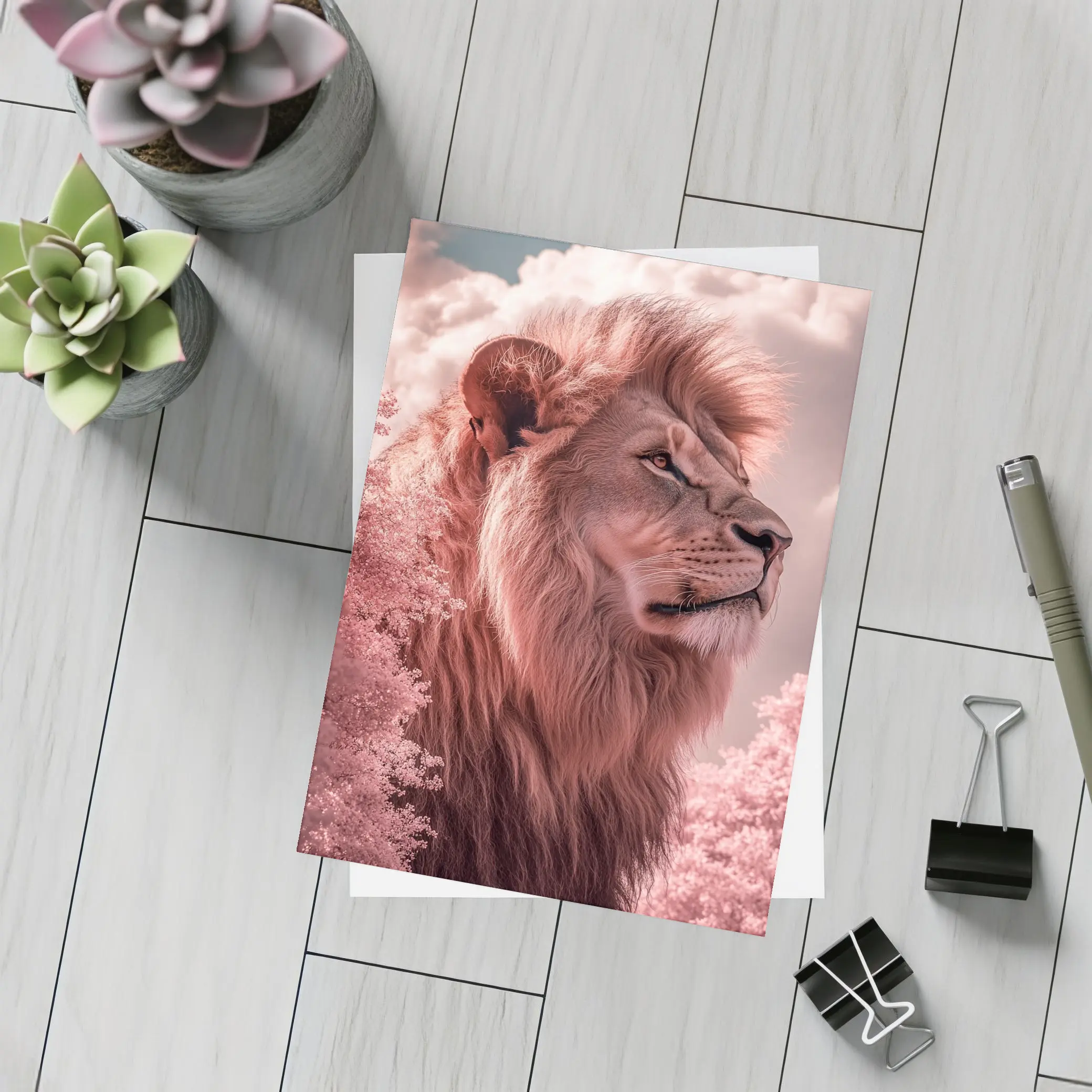 Pink Lion Portrait Dreamy Cloud Sky – Postcards