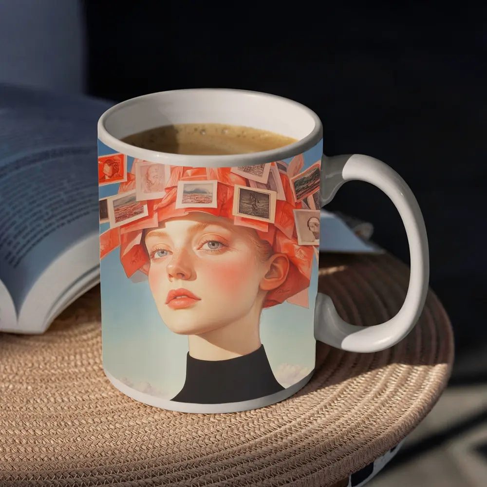 Woman Head Collage Photographs Sky Background – Mugs
