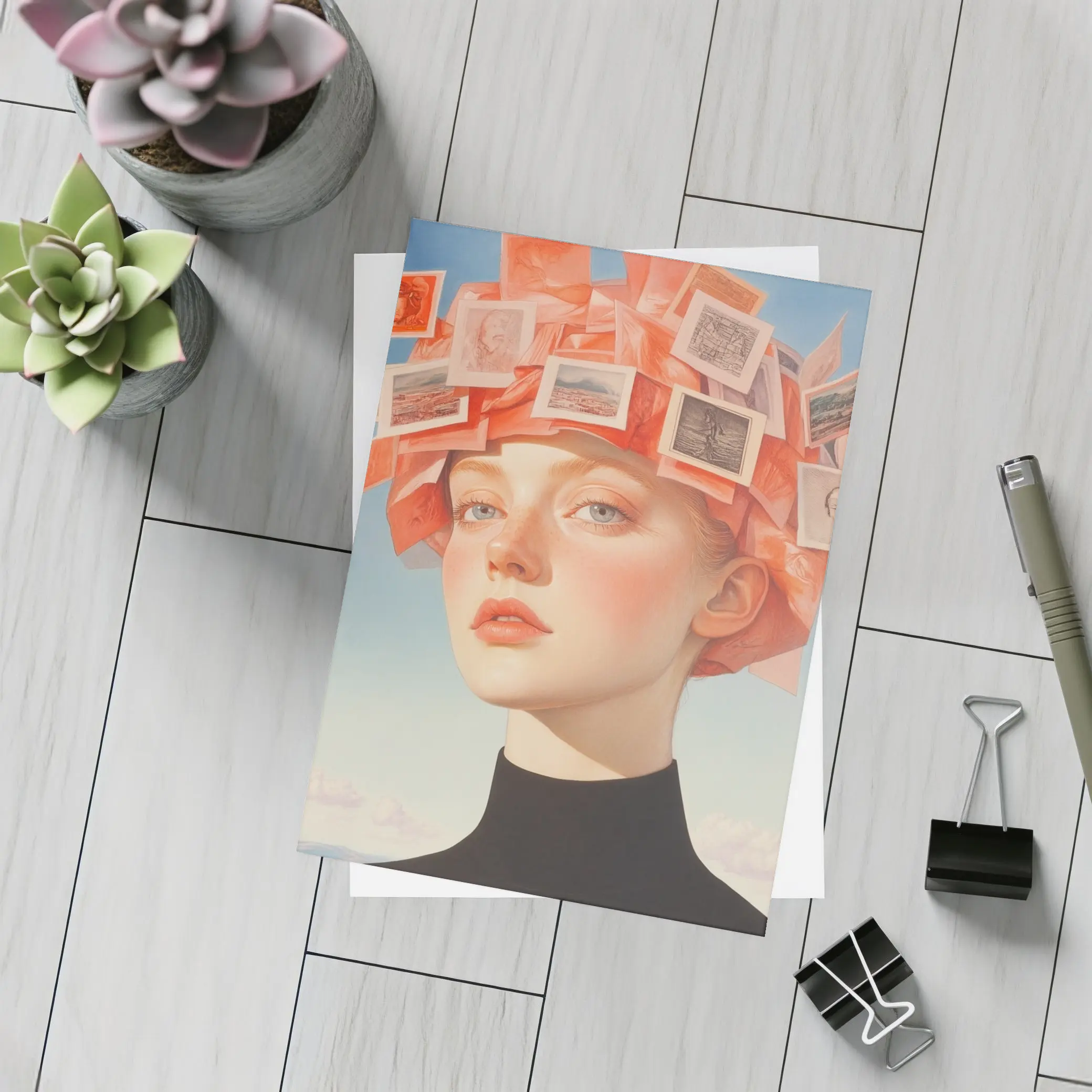 Woman Head Collage Photographs Sky Background – Postcards