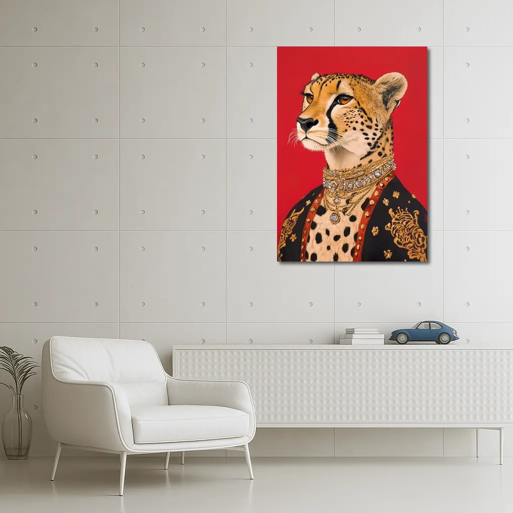 Royal Cheetah Portrait Red Background Fashion Art – Wall Art
