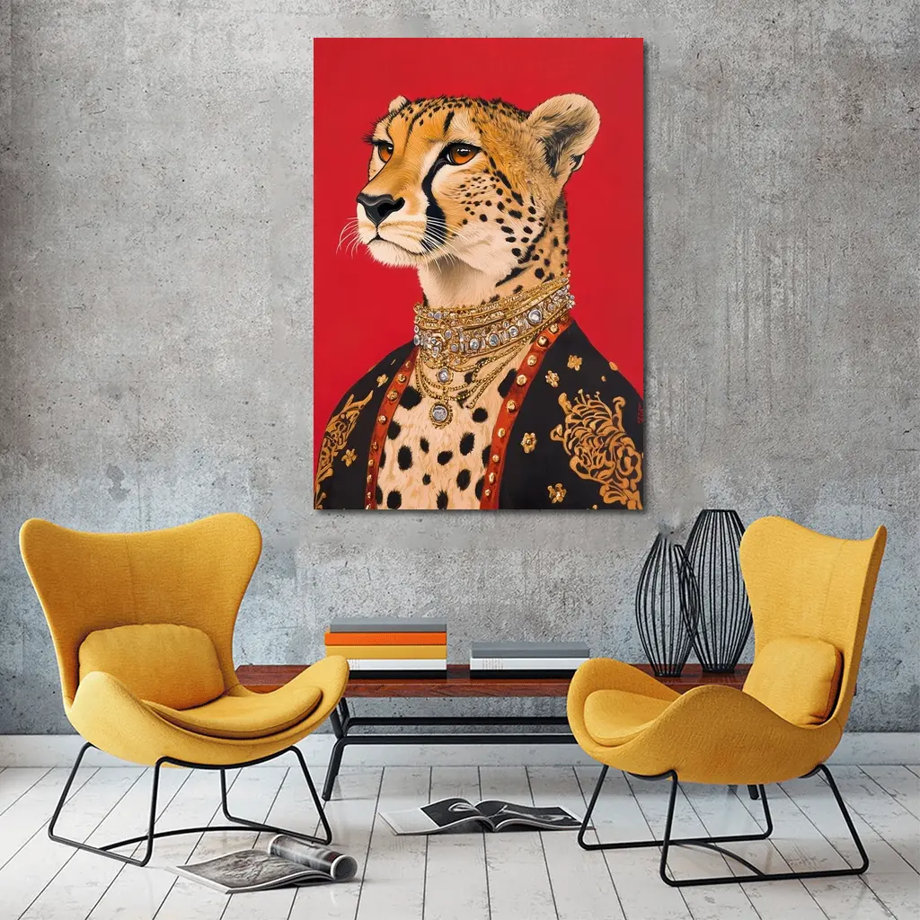 Royal Cheetah Portrait Red Background Fashion Art – Wall Art