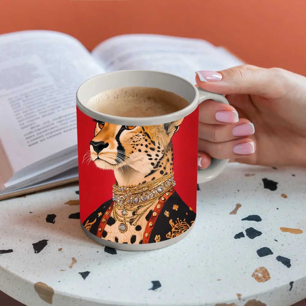 Royal Cheetah Portrait Red Background Fashion Art – Mugs