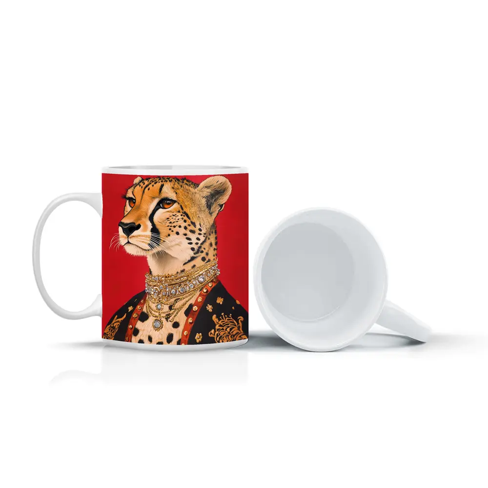 Royal Cheetah Portrait Red Background Fashion Art – Mugs