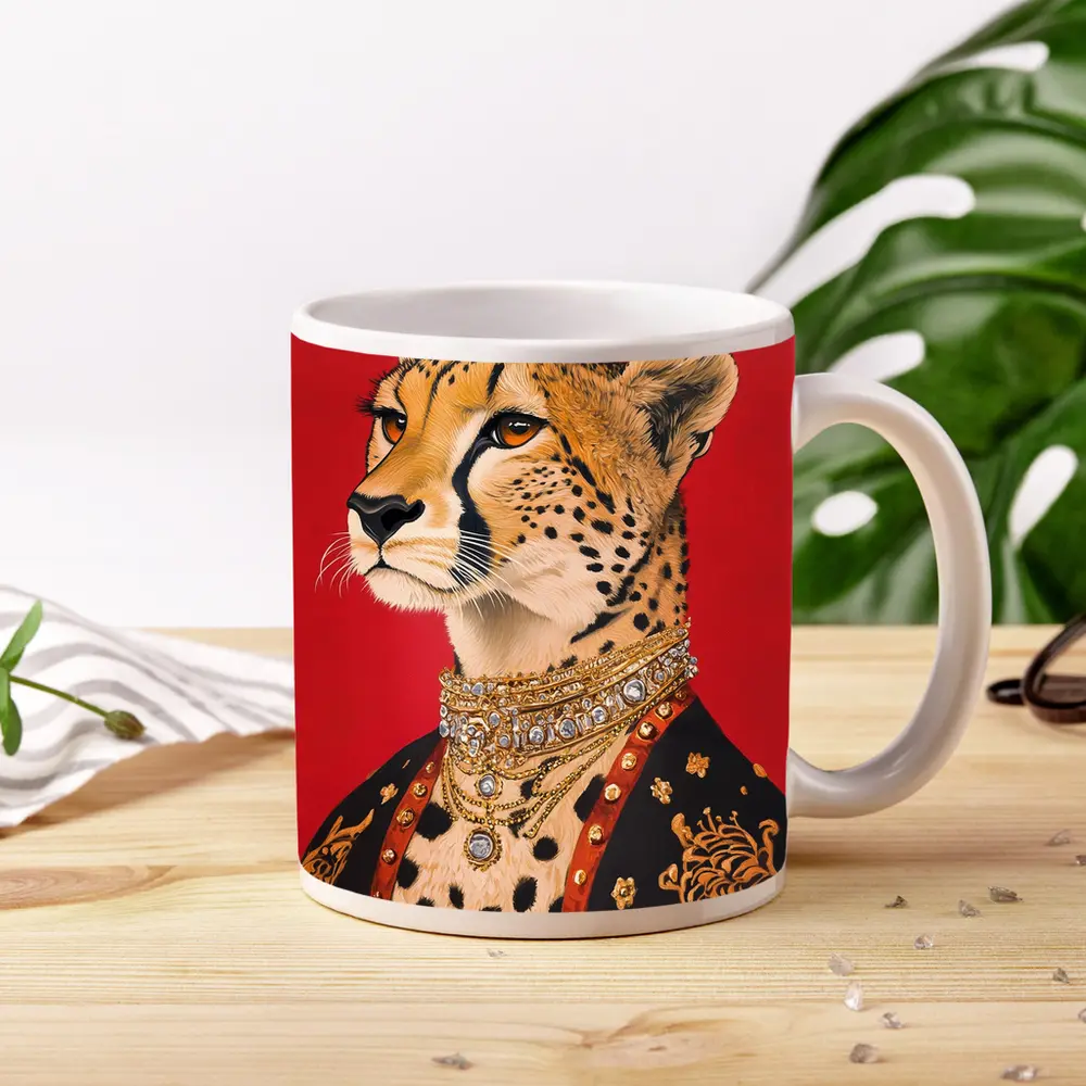 Royal Cheetah Portrait Red Background Fashion Art – Mugs