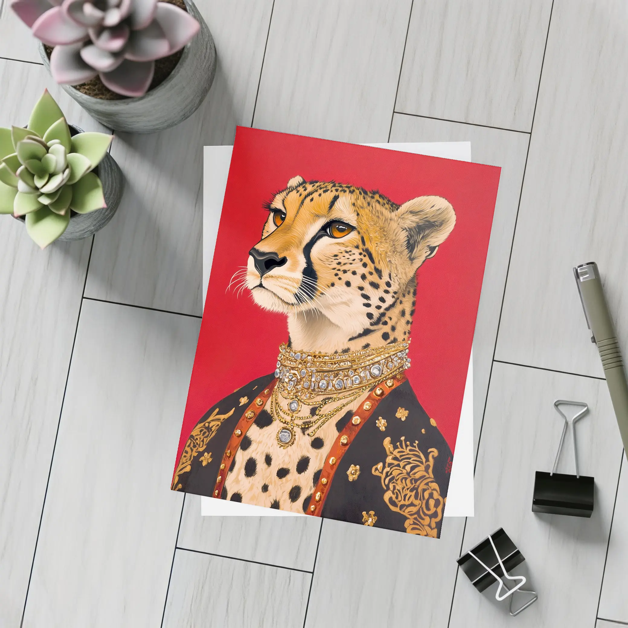 Royal Cheetah Portrait Red Background Fashion Art – Postcards