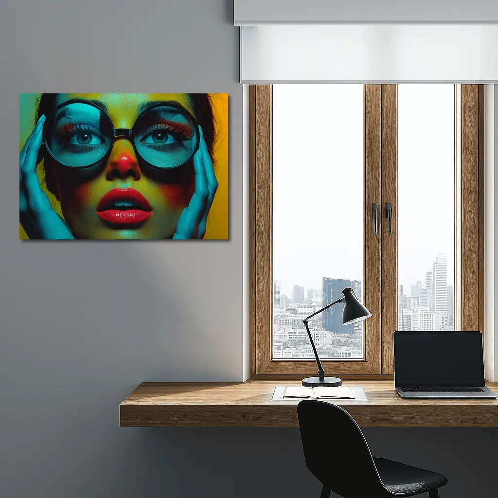 Bold Woman Round Glasses Neon Portrait – Wall Art