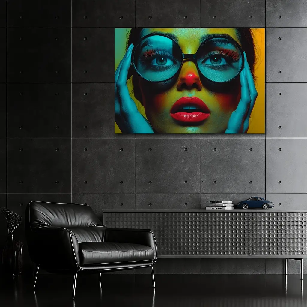 Bold Woman Round Glasses Neon Portrait – Wall Art