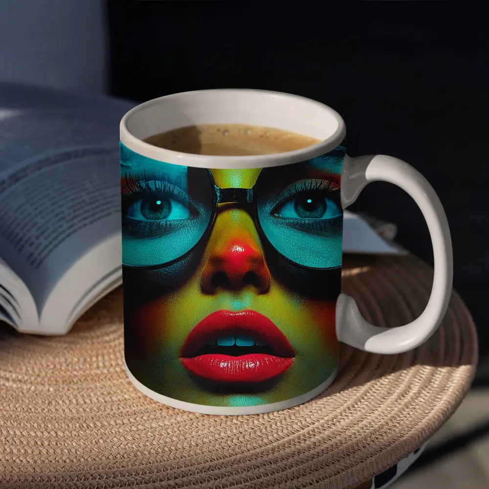 Bold Woman Round Glasses Neon Portrait – Mugs