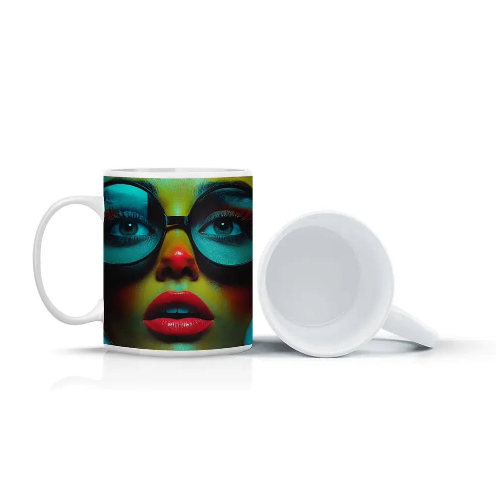 Bold Woman Round Glasses Neon Portrait – Mugs