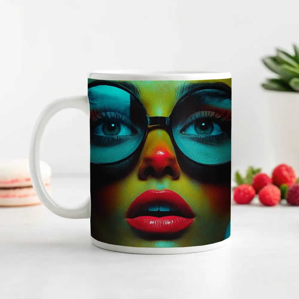 Bold Woman Round Glasses Neon Portrait – Mugs