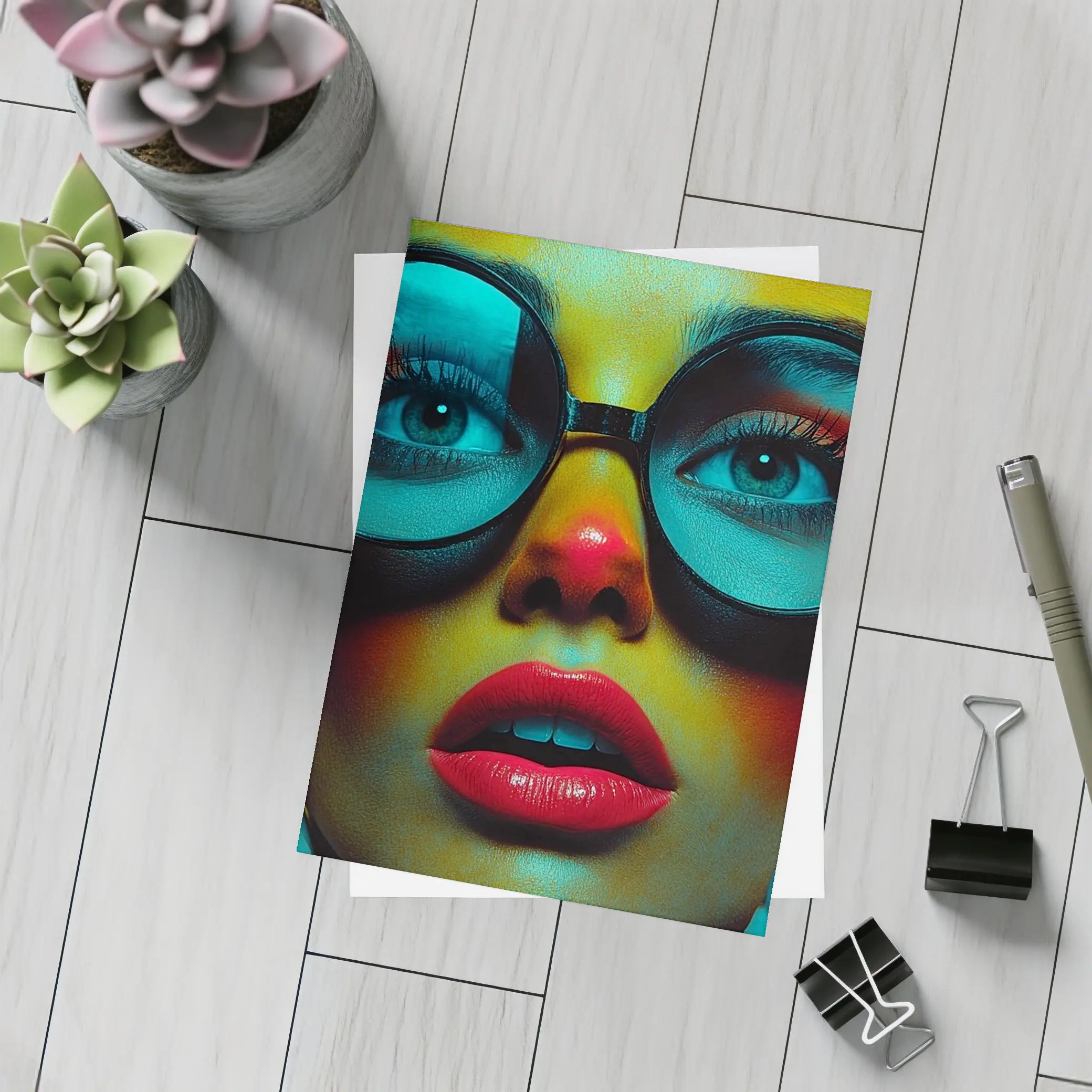 Bold Woman Round Glasses Neon Portrait – Postcards