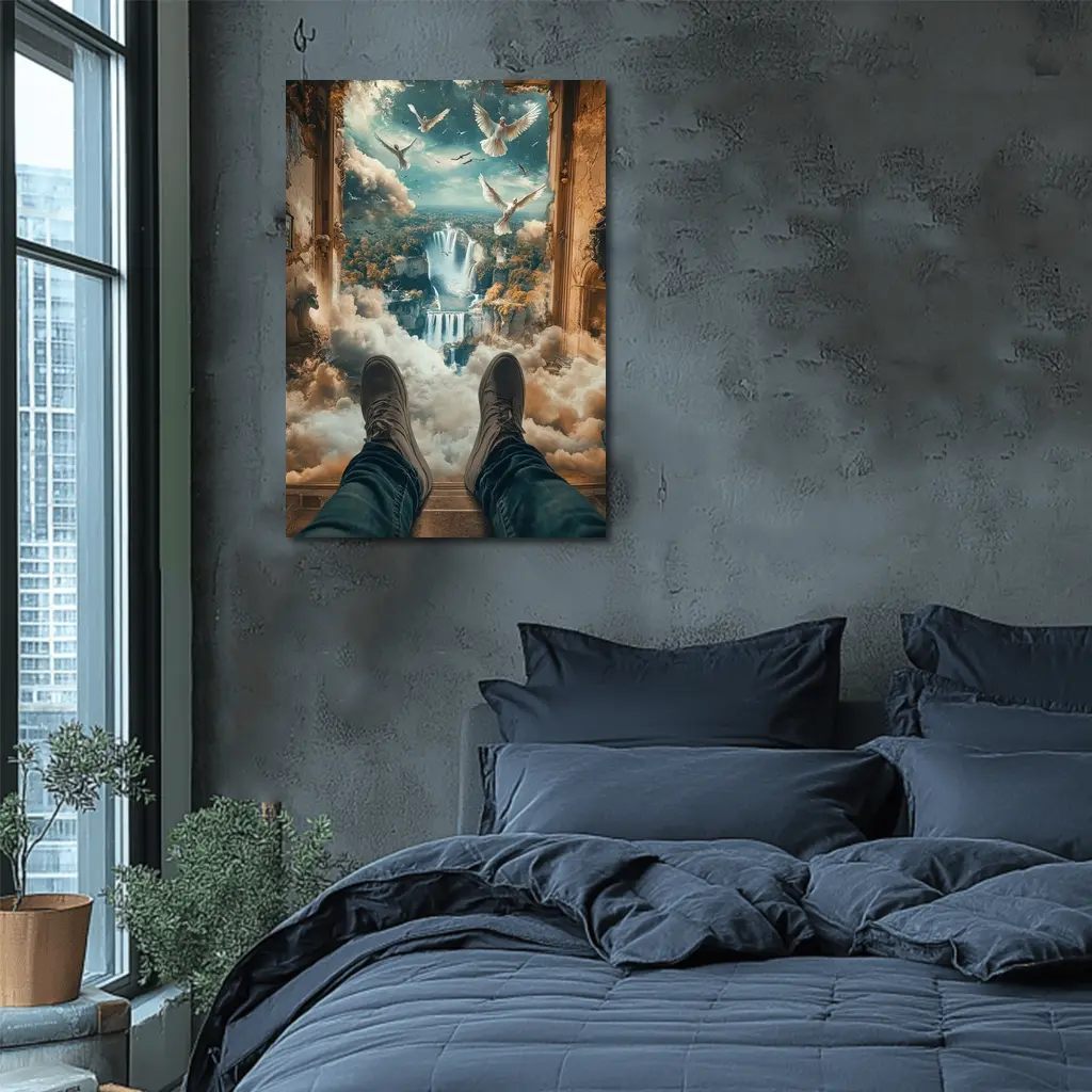 Surreal Waterfall View Doves Clouds Fantasy – Wall Art