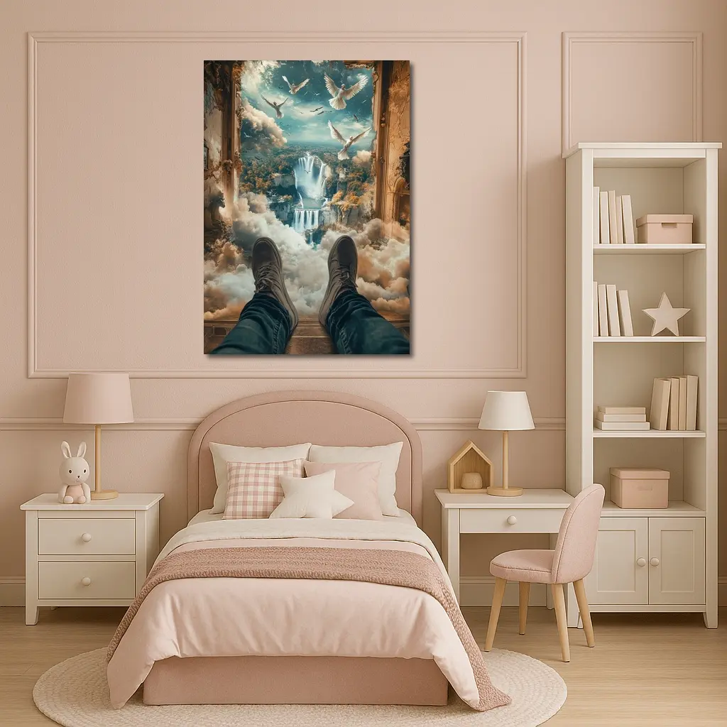 Surreal Waterfall View Doves Clouds Fantasy – Wall Art