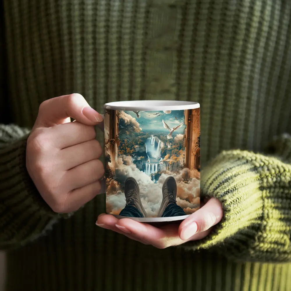 Surreal Waterfall View Doves Clouds Fantasy – Mugs
