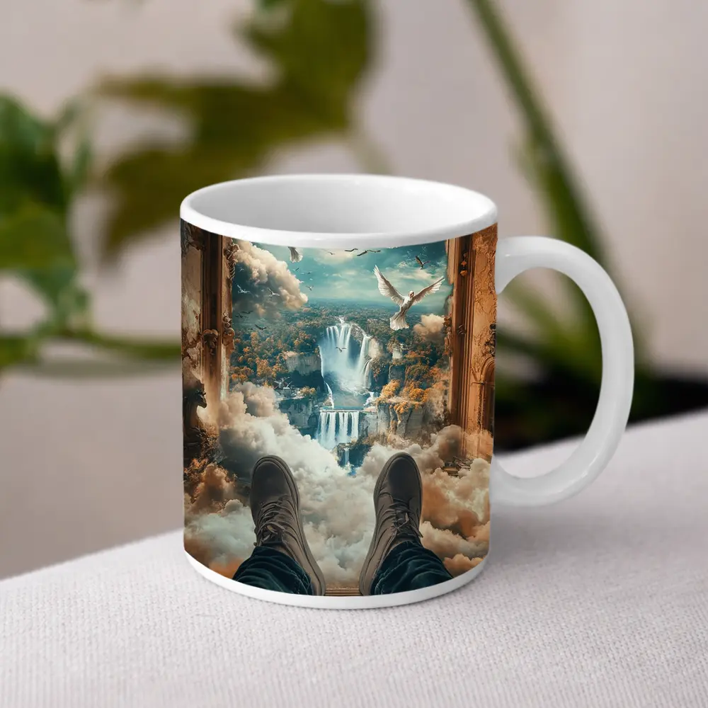 Surreal Waterfall View Doves Clouds Fantasy – Mugs