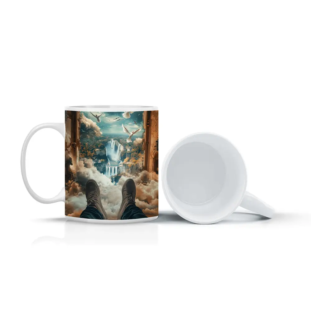 Surreal Waterfall View Doves Clouds Fantasy – Mugs
