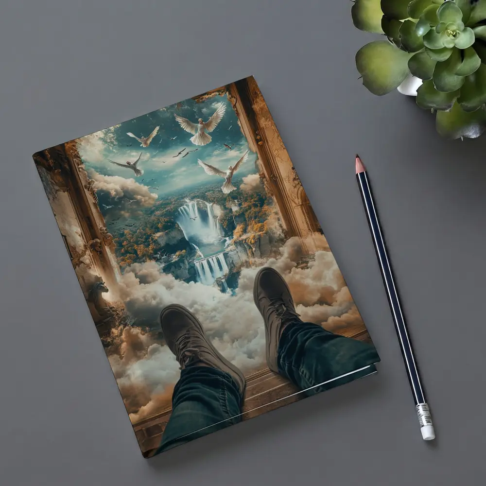 Surreal Waterfall View Doves Clouds Fantasy – Notebooks