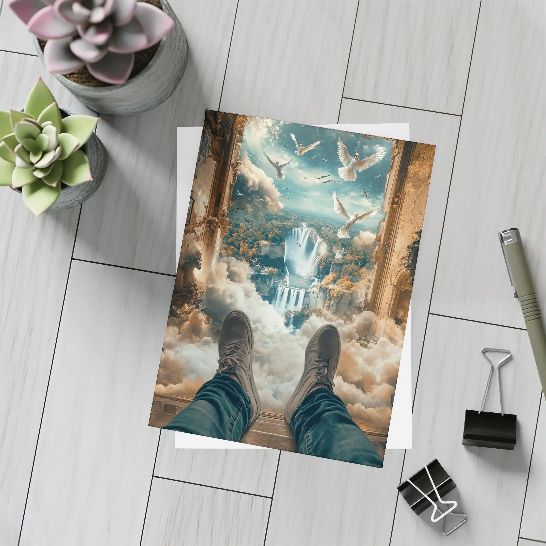 Surreal Waterfall View Doves Clouds Fantasy – Postcards