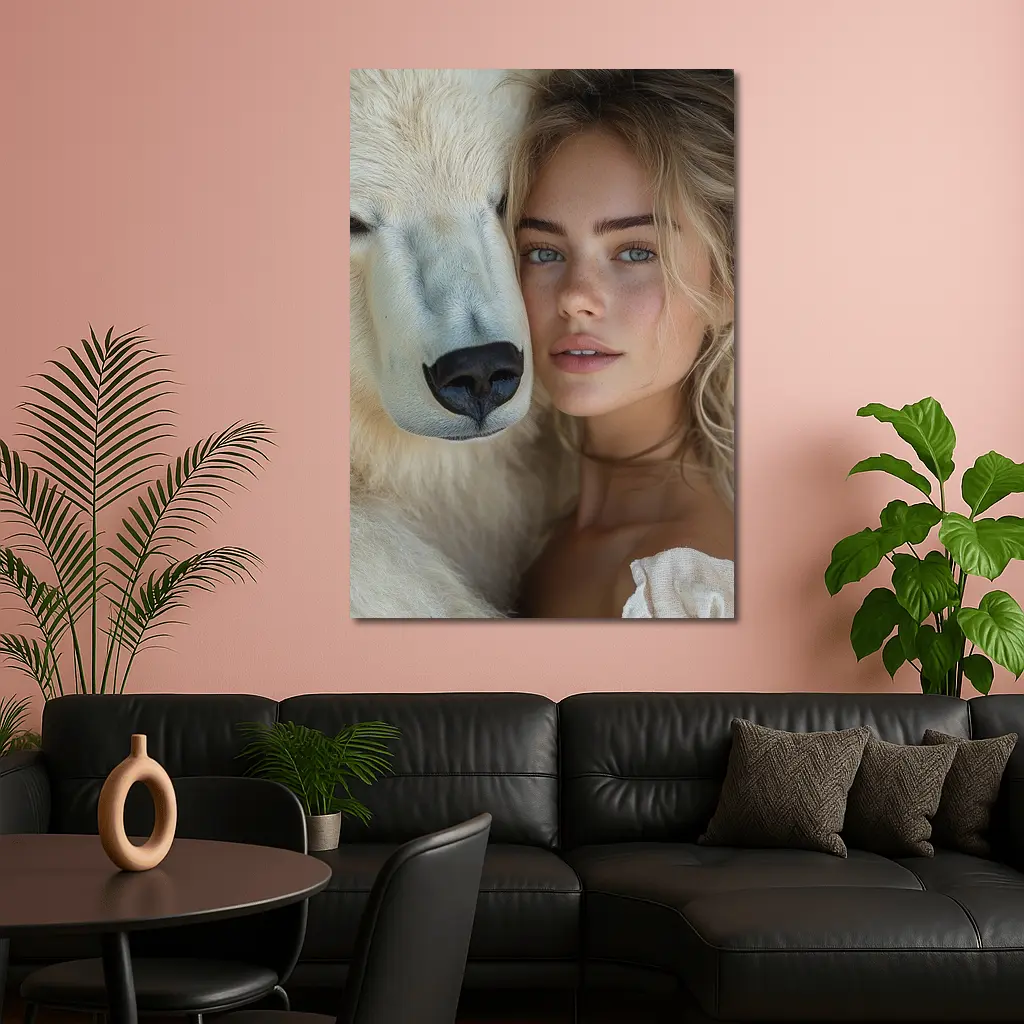 Young Woman With White Polar Bear Portrait – Wall Art