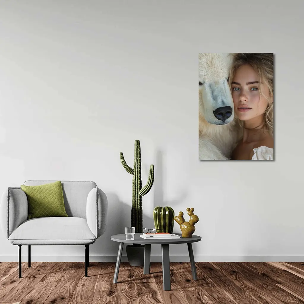 Young Woman With White Polar Bear Portrait – Wall Art