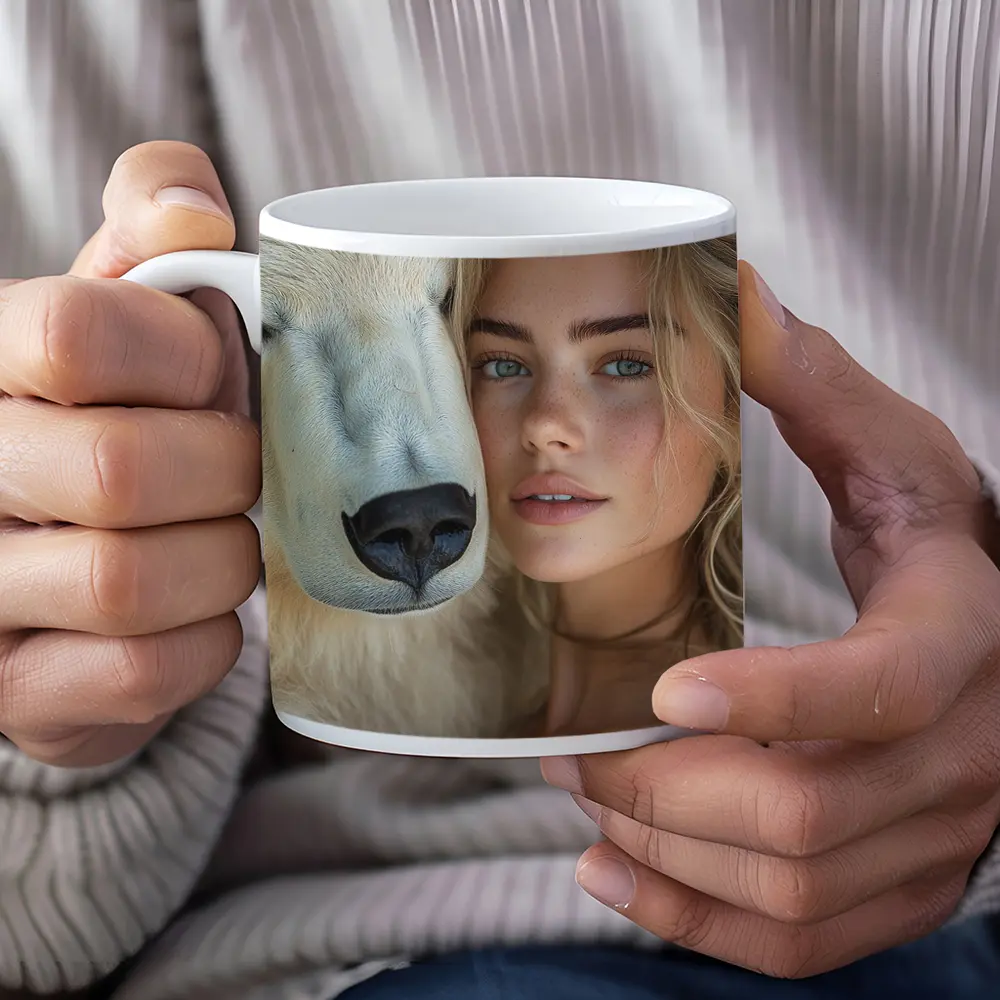 Young Woman With White Polar Bear Portrait – Mugs