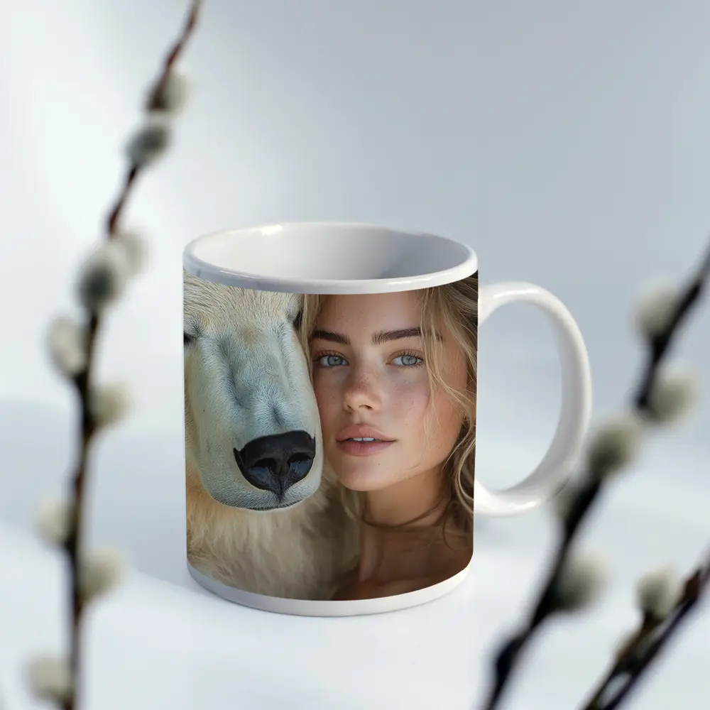 Young Woman With White Polar Bear Portrait – Mugs