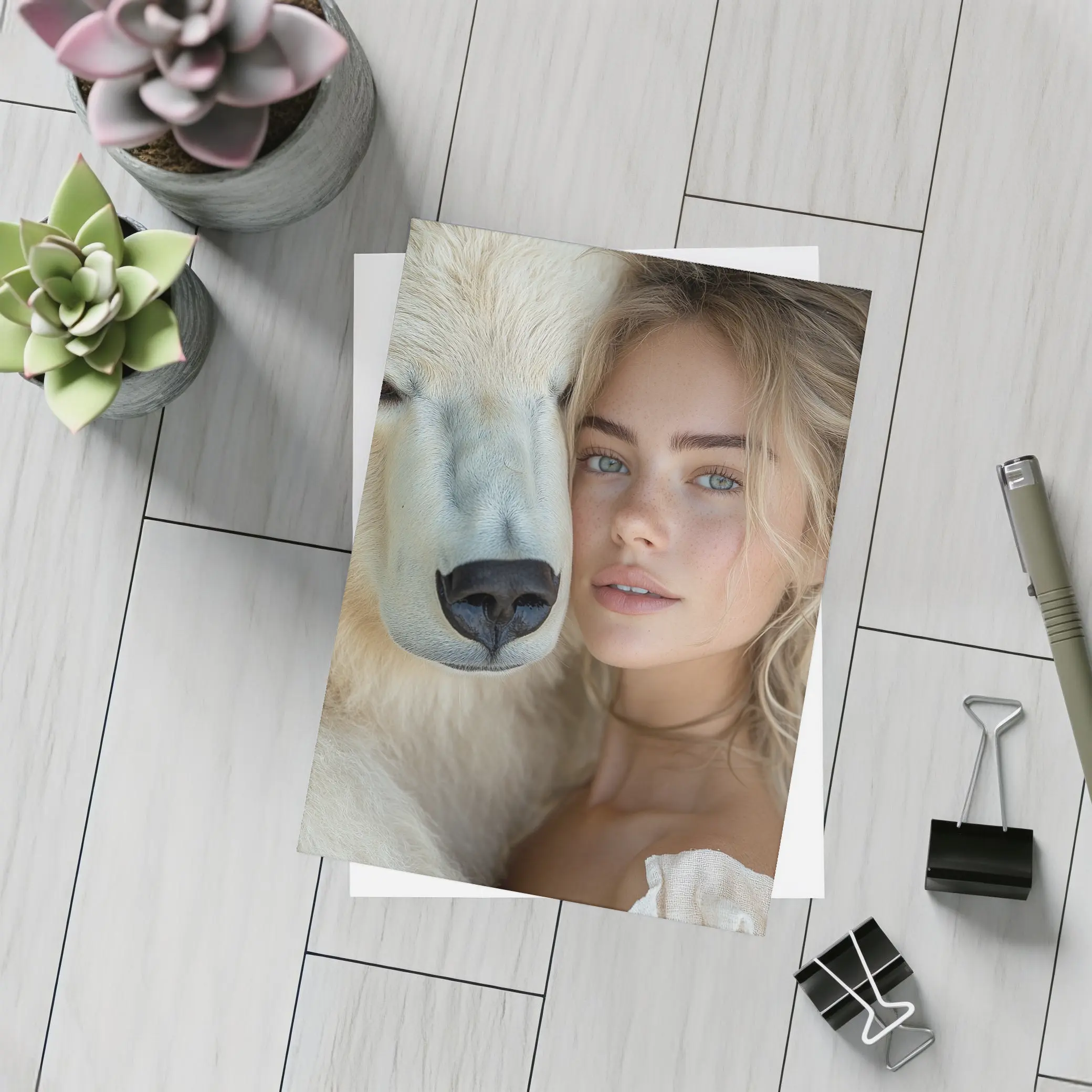 Young Woman With White Polar Bear Portrait – Postcards