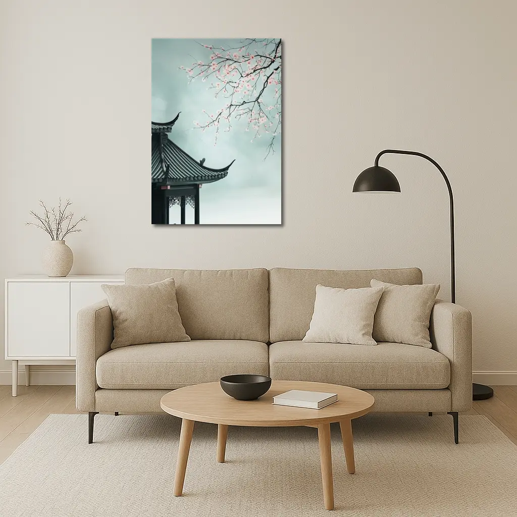 Chinese Pagoda Cherry Blossoms Misty Sky – Wall Art