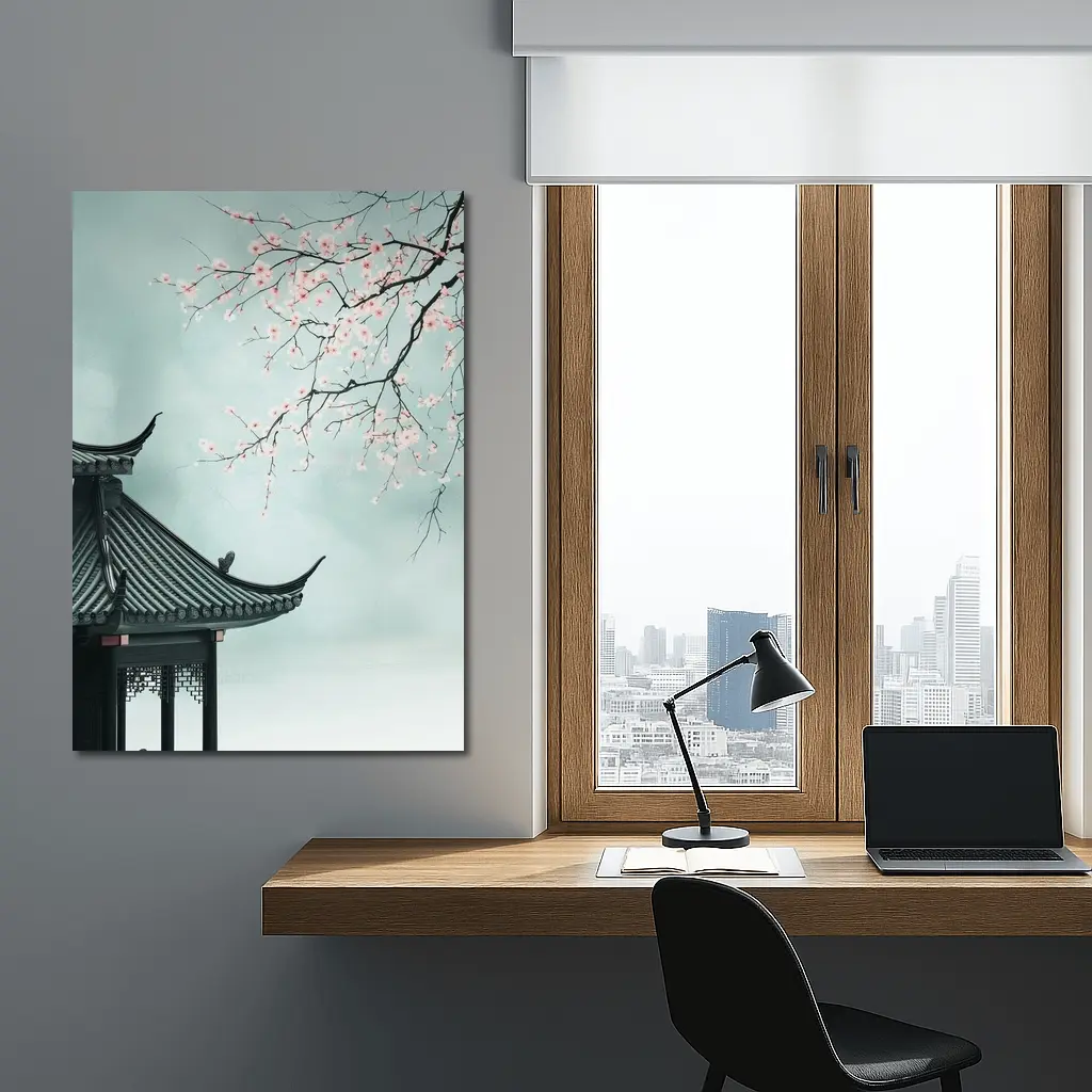 Chinese Pagoda Cherry Blossoms Misty Sky – Wall Art